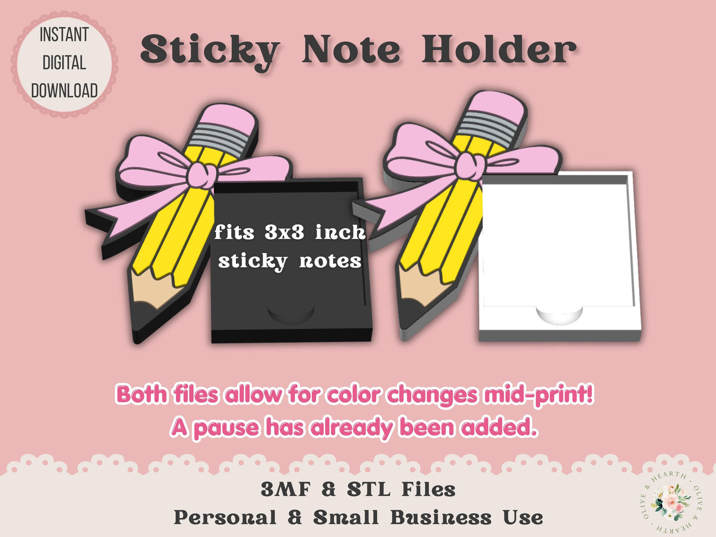 Sticky Note Holder 3D Printer File | Bow Pencil | STL 3MF | Commercial Use | Desk Organizer