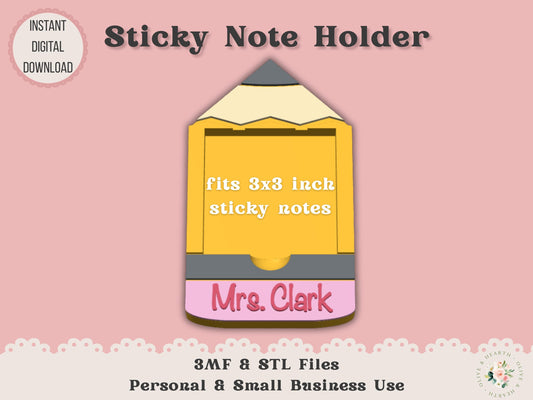Sticky Note Holder 3D Printer File | Pencil | STL 3MF | Commercial Use | Desk Organizer