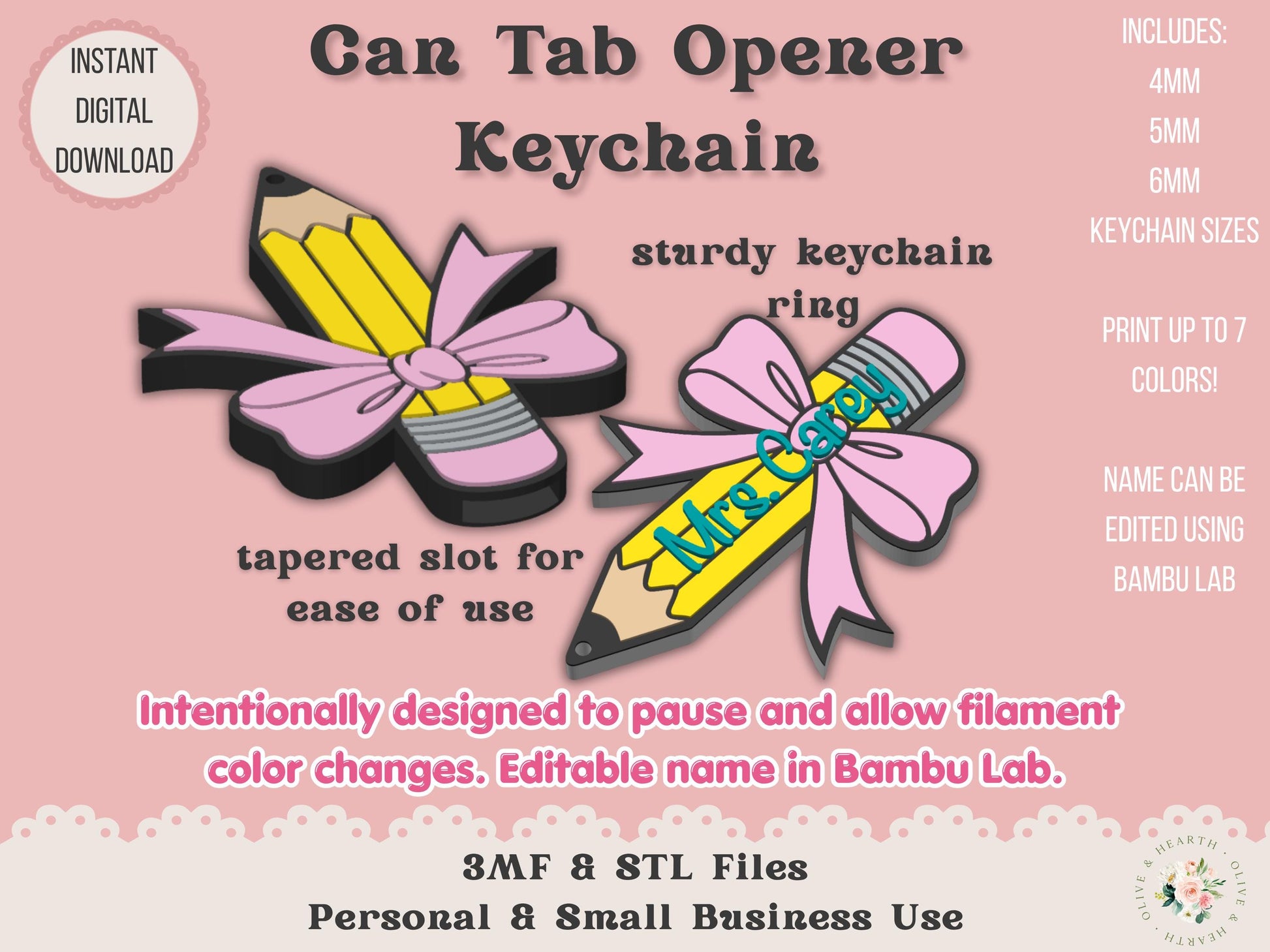 Soda Can Tab Opener Keychain 3D Print File | Pencil with Bow | Teacher Appreciation | STL 3MF | Commercial Use | Nail Saver Keychain