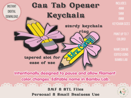 Soda Can Tab Opener Keychain 3D Print File | Pencil with Bow | Teacher Appreciation | STL 3MF | Commercial Use | Nail Saver Keychain
