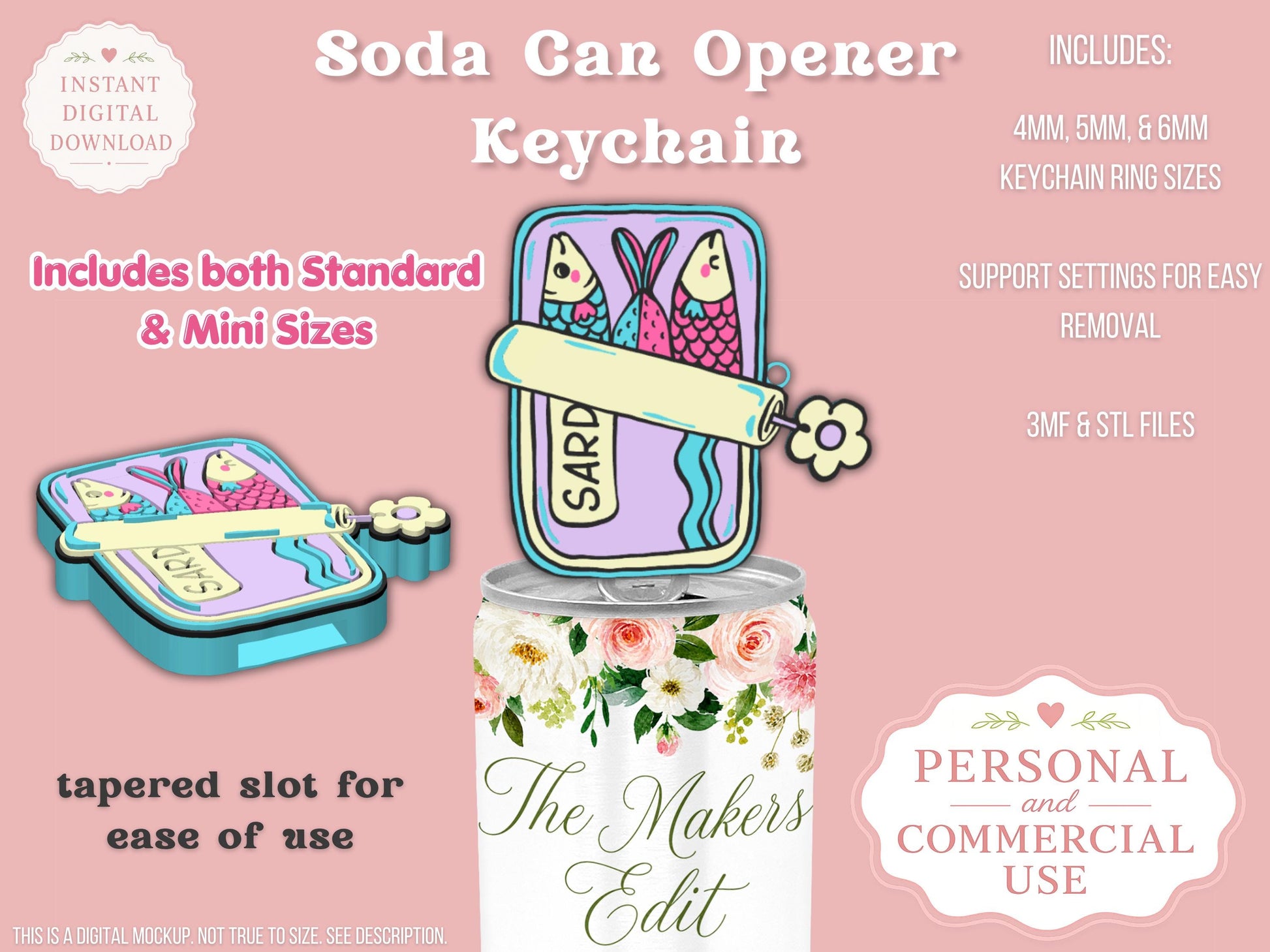 Soda Can Tab Opener Keychain 3D Printer File | Sardines | STL 3MF | Commercial Use | Nail Saver Keychain