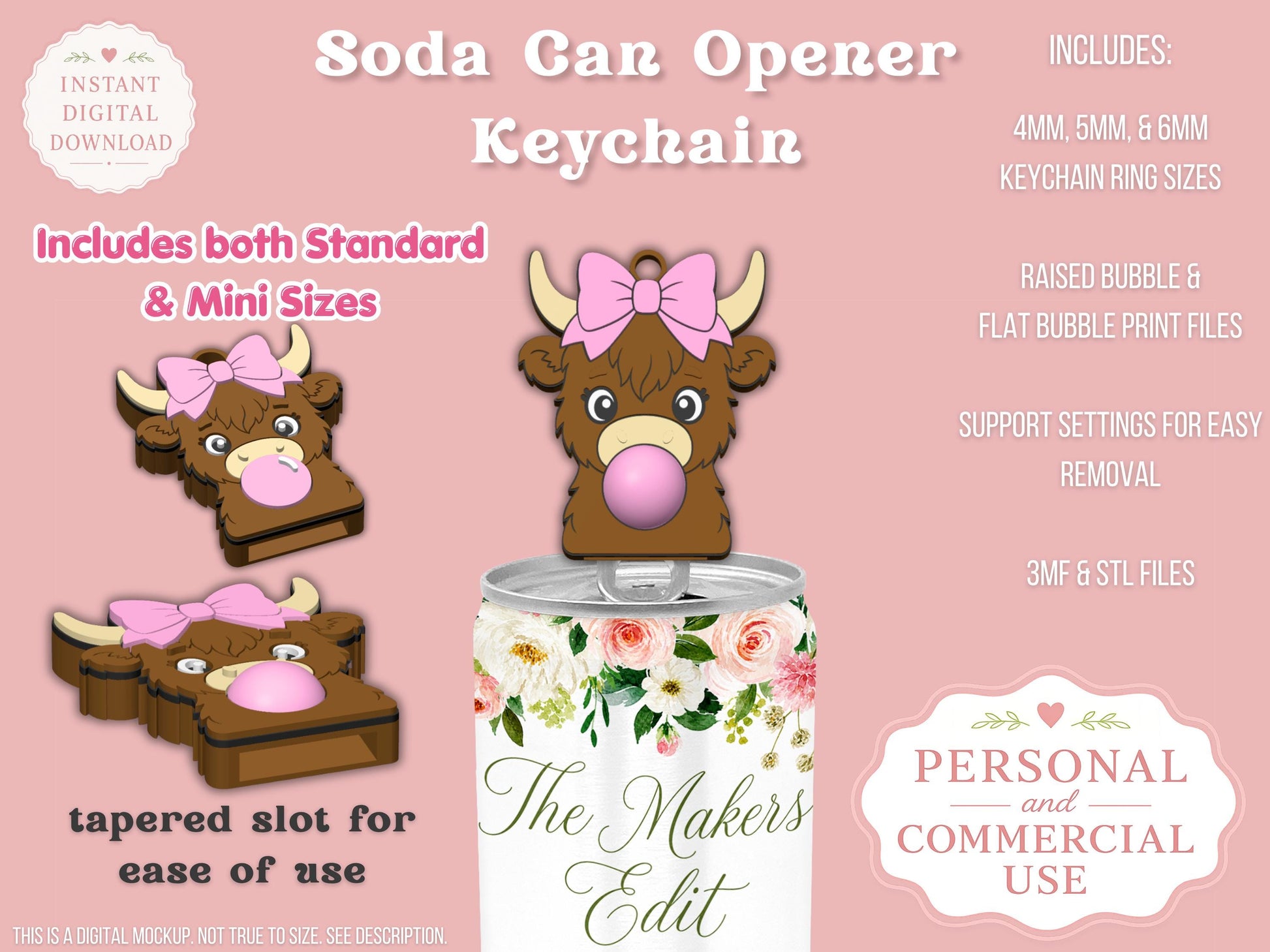 Soda Can Tab Opener Keychain 3D Printer File | Highland Cow Bubblegum| Coquette Bow | STL 3MF | Commercial Use | Nail Saver Keychain