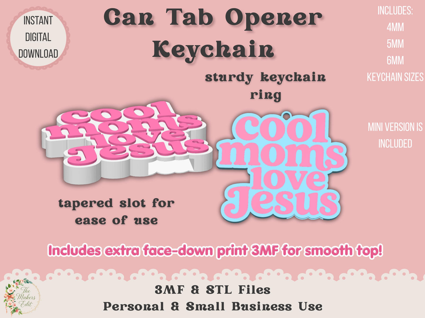 Soda Can Tab Opener Keychain 3D Printer File | Cool Moms Love Jesus | STL 3MF | Commercial Use | Nail Saver Keychain