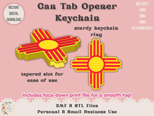 Soda Can Tab Opener Keychain 3D Printer File | New Mexico Zia | STL 3MF | Commercial Use | Nail Saver Keychain