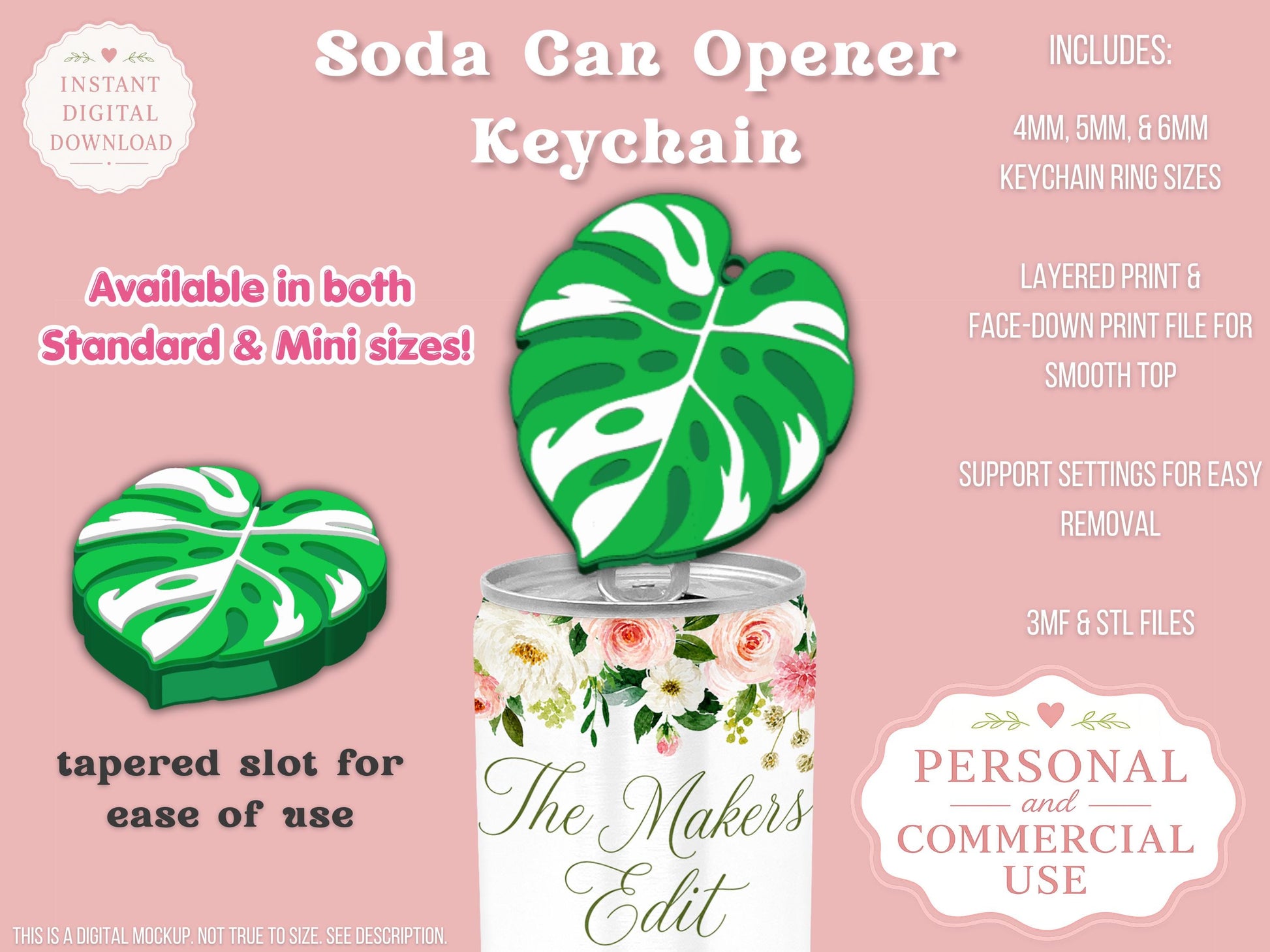 Soda Can Tab Opener Keychain 3D Printer File | Variegated Monstera Leaf | STL 3MF | Commercial Use | Nail Saver Keychain