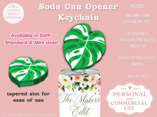 Soda Can Tab Opener Keychain 3D Printer File | Variegated Monstera Leaf | STL 3MF | Commercial Use | Nail Saver Keychain