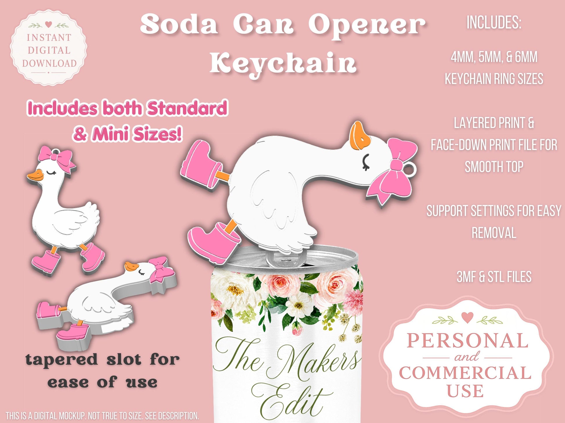 Soda Can Tab Opener Keychain 3D Printer File | Cute Goose with Bow | STL 3MF | Commercial Use | Nail Saver Keychain