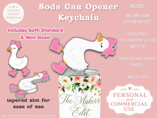 Soda Can Tab Opener Keychain 3D Printer File | Cute Goose with Bow | STL 3MF | Commercial Use | Nail Saver Keychain