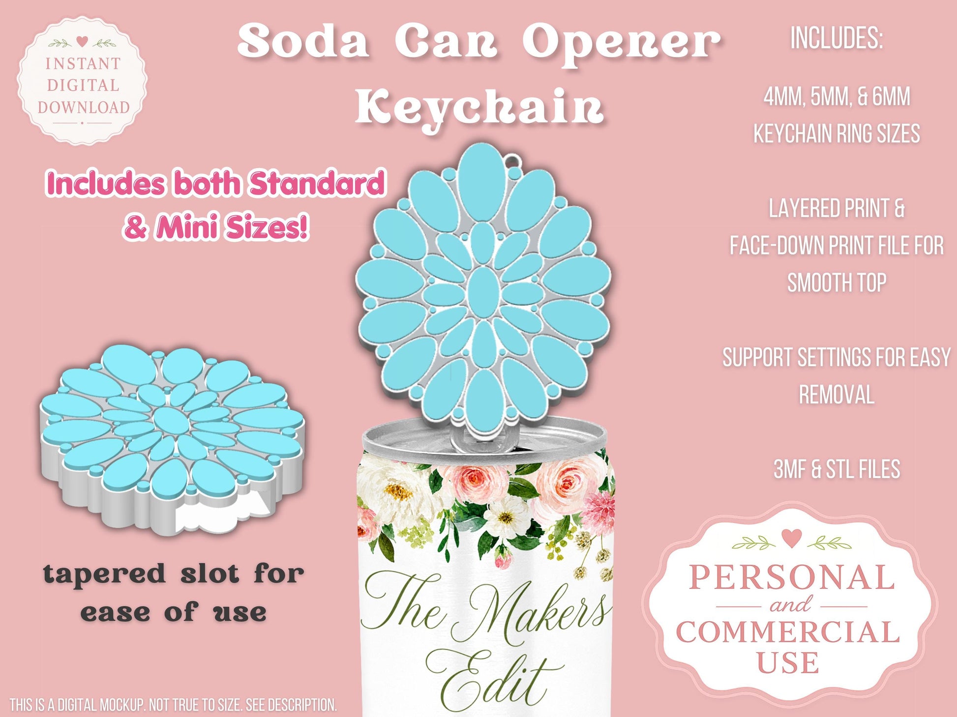 Soda Can Tab Opener Keychain 3D Printer File | Turquoise Gemstone| STL 3MF | Commercial Use | Nail Saver Keychain