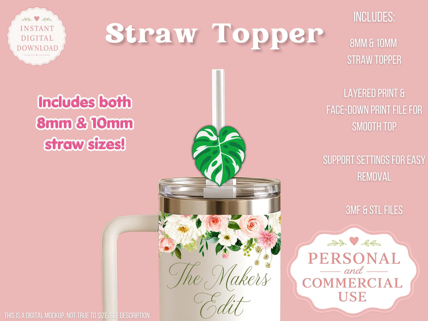 Straw Topper 3D Printer File | Variegated Monstera STL 3MF | Fits 10mm & 8mm Straws | Commercial Use | Tumbler Accessories