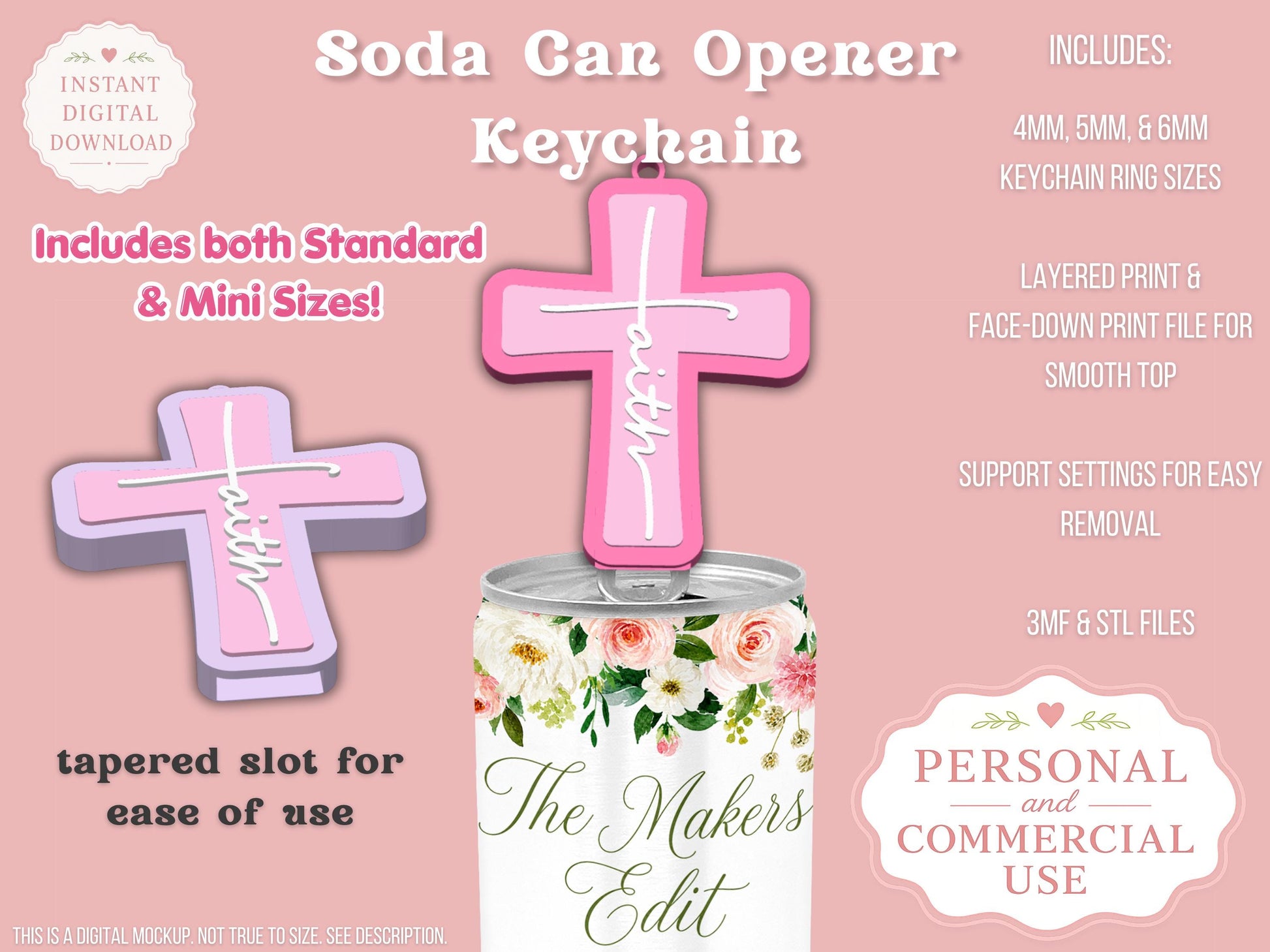 Soda Can Tab Opener 3D Printer File | Faith Cross | STL 3MF | Commercial Use | Nail Saver Keychain