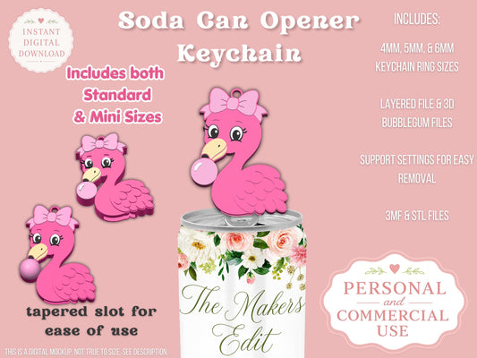 Soda Can Tab Opener Keychain 3D Printer File | Flamingo Bubblegum | Coquette Bow | STL 3MF | Commercial Use | Nail Saver Keychain