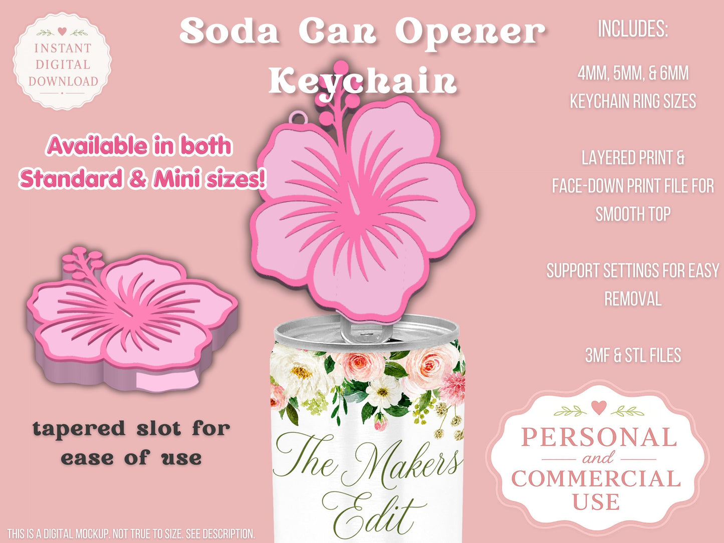 Soda Can Tab Opener Keychain 3D Printer File | Hibiscus Flower | STL 3MF | Commercial Use | Nail Saver Keychain