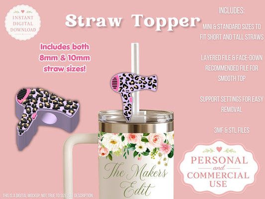 Straw Topper 3D Printer File | Leopard Print Hair Dryer STL 3MF | Fits 10mm & 8mm Straws | Commercial Use | Tumbler Accessories