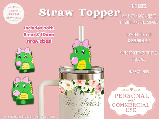 Straw Topper 3D Printer File | Alligator Bubblegum STL 3MF | Fits 10mm & 8mm Straws| Commercial Use | Tumbler Accessories