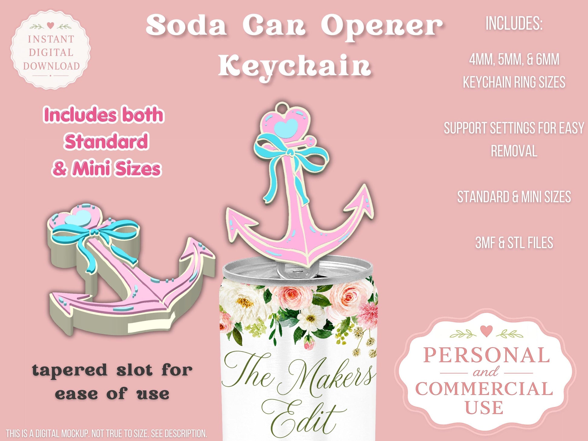 Soda Can Tab Opener Keychain 3D Printer File | Whimsical Anchor Coquette Bow STL 3MF | Commercial Use | Nail Saver Keychain
