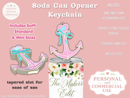 Soda Can Tab Opener Keychain 3D Printer File | Whimsical Anchor Coquette Bow STL 3MF | Commercial Use | Nail Saver Keychain