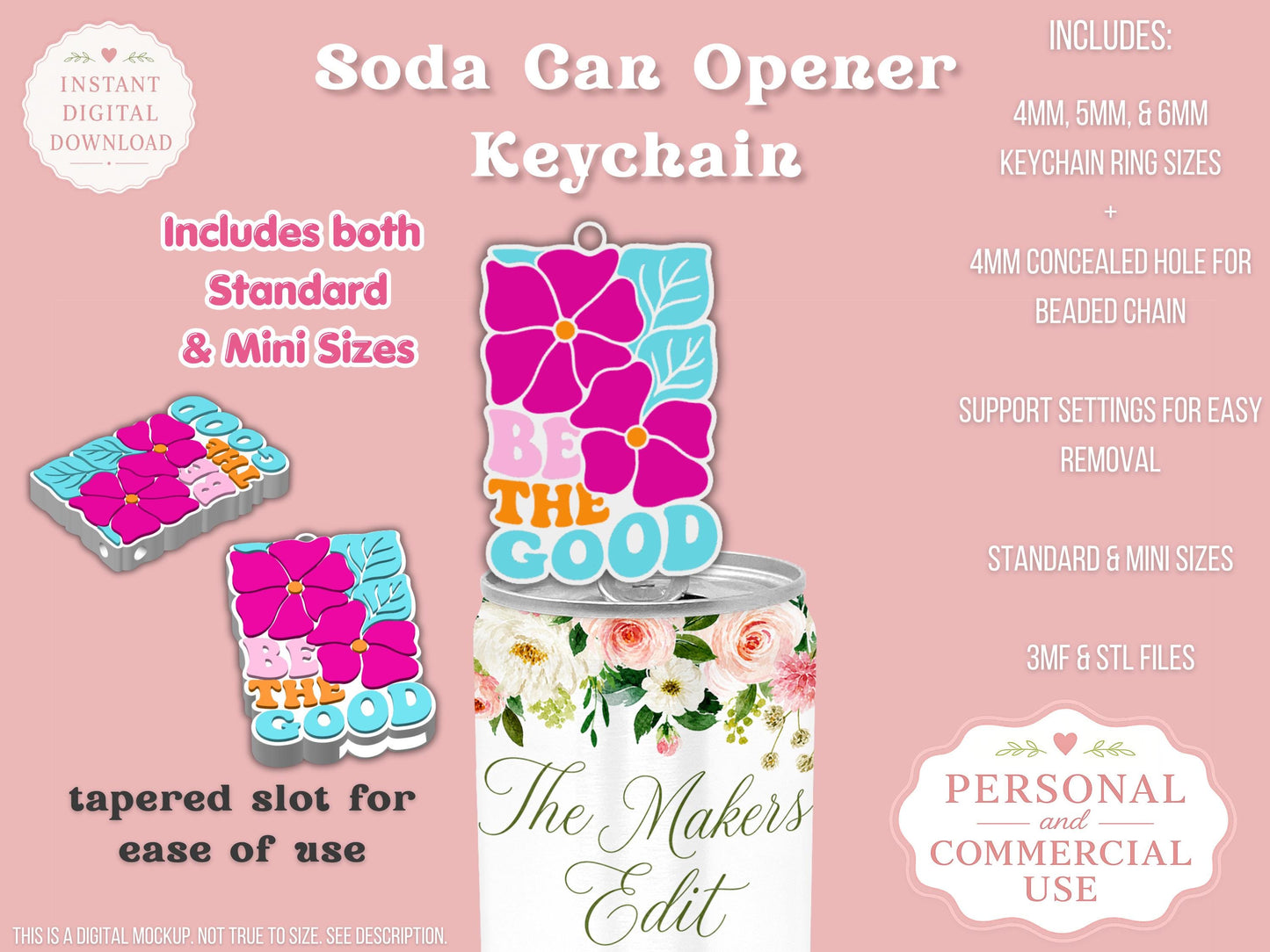 Soda Can Tab Opener Keychain 3D Printer File | Be the Good Abstract Flowers STL 3MF | Commercial Use | Nail Saver Keychain