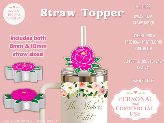 Straw Topper 3D Printer File | Peony STL 3MF | Fits 10mm & 8mm Straws | Commercial Use | Tumbler Accessories