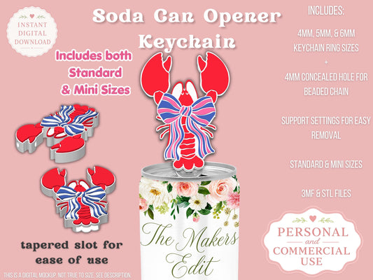 Soda Can Tab Opener Keychain 3D Printer File | Lobster Striped Coquette Bow STL 3MF | Commercial Use | Nail Saver Keychain