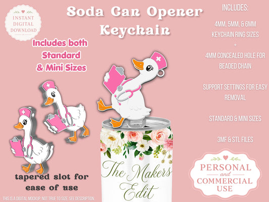Soda Can Tab Opener Keychain 3D Printer File | Nurse Goose STL 3MF | Commercial Use | Nail Saver Keychain