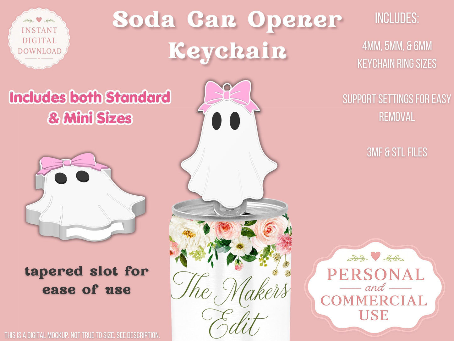 Soda Can Tab Opener Keychain 3D Printer file | Ghost with Bow | STL 3MF | Commercial Use | Nail Saver Keychain
