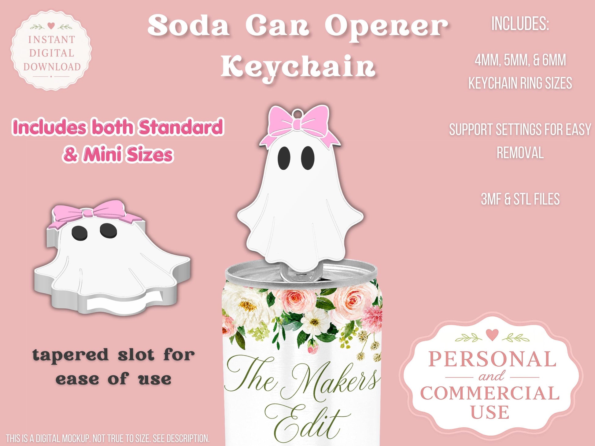 Soda Can Tab Opener Keychain 3D Printer file | Ghost with Bow | STL 3MF | Commercial Use | Nail Saver Keychain