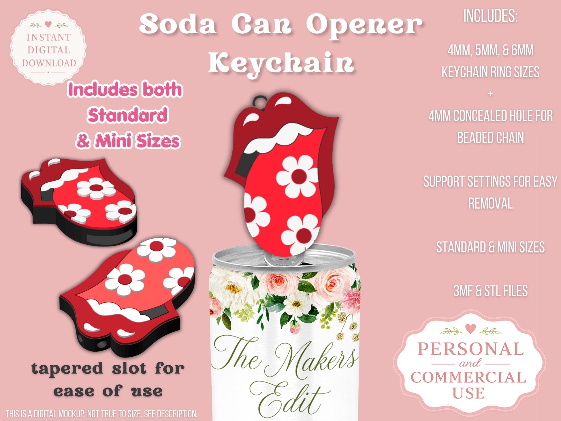 Soda Can Tab Opener Keychain 3D Printer File | Groovy Mouth STL 3MF | Commercial Use | Nail Saver Keychain