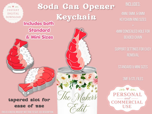 Soda Can Tab Opener Keychain 3D Printer File | Nigiri Sushi STL 3MF | Commercial Use | Nail Saver Keychain
