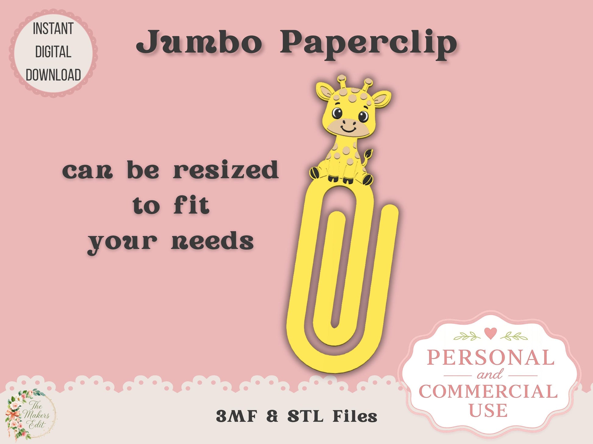 Jumbo Paper Clip 3D Printer File | Cute Giraffe | STL 3MF | Commercial Use | Multi-Color 3MF | STL File