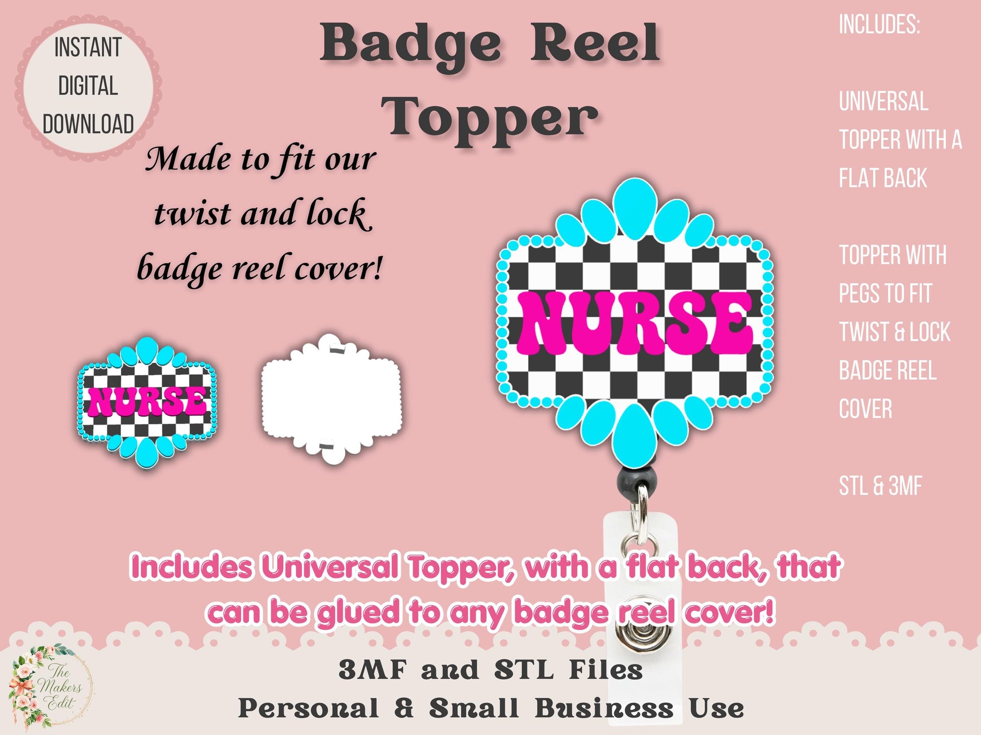 Badge Reel Topper 3D Printer File | Nurse Turquoise Gemstone Checkered STL 3MF
