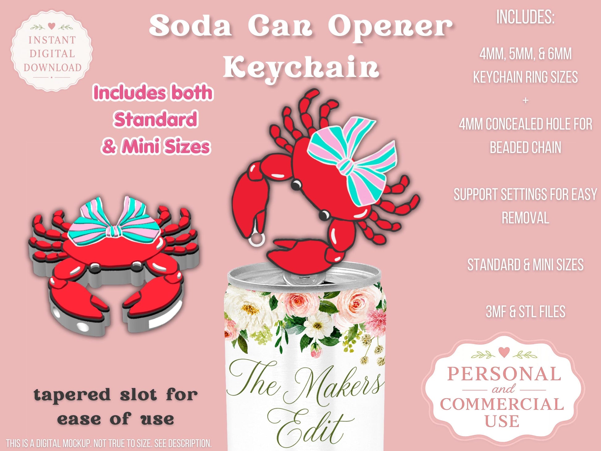Soda Can Tab Opener Keychain 3D Printer File | Crab Striped Coquette Bow STL 3MF | Commercial Use | Nail Saver Keychain