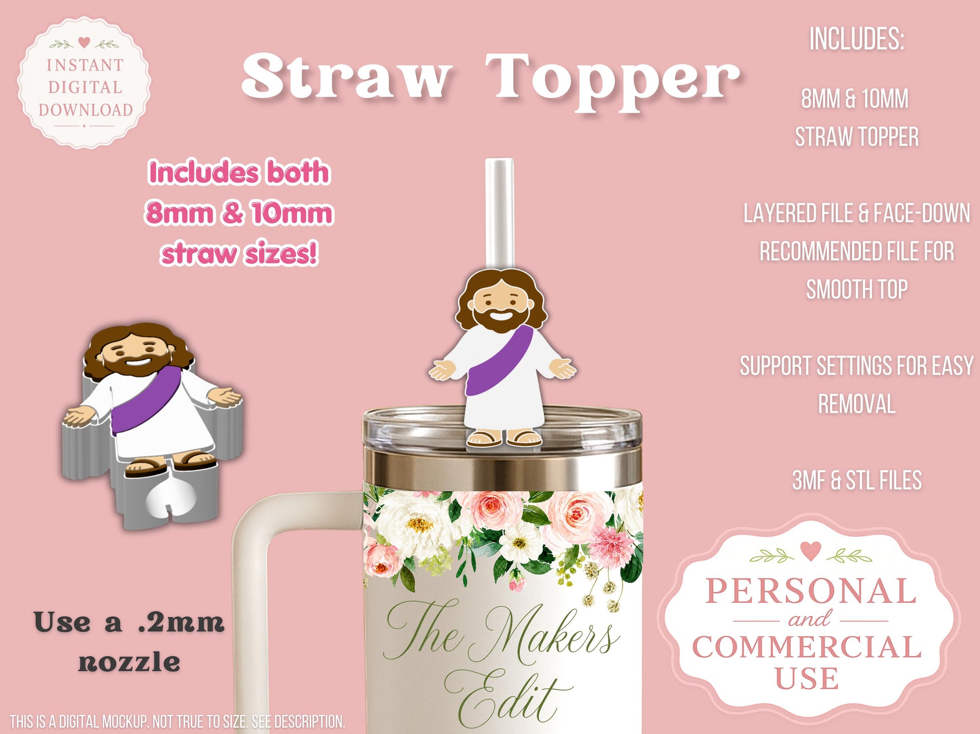 Straw Topper 3D Printer File | Mini Jesus STL 3MF | Fits 10mm & 8mm Straws | STL 3MF | Commercial Use | Tumbler Accessories