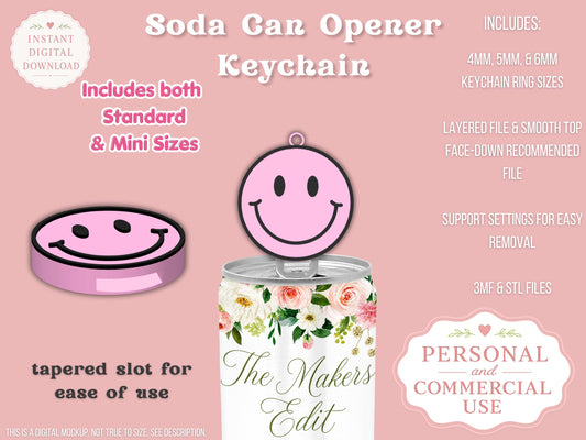 Soda Can Tab Opener Keychain 3D Printer File | Smiley Face | STL 3MF | Commercial Use | Nail Saver Keychain