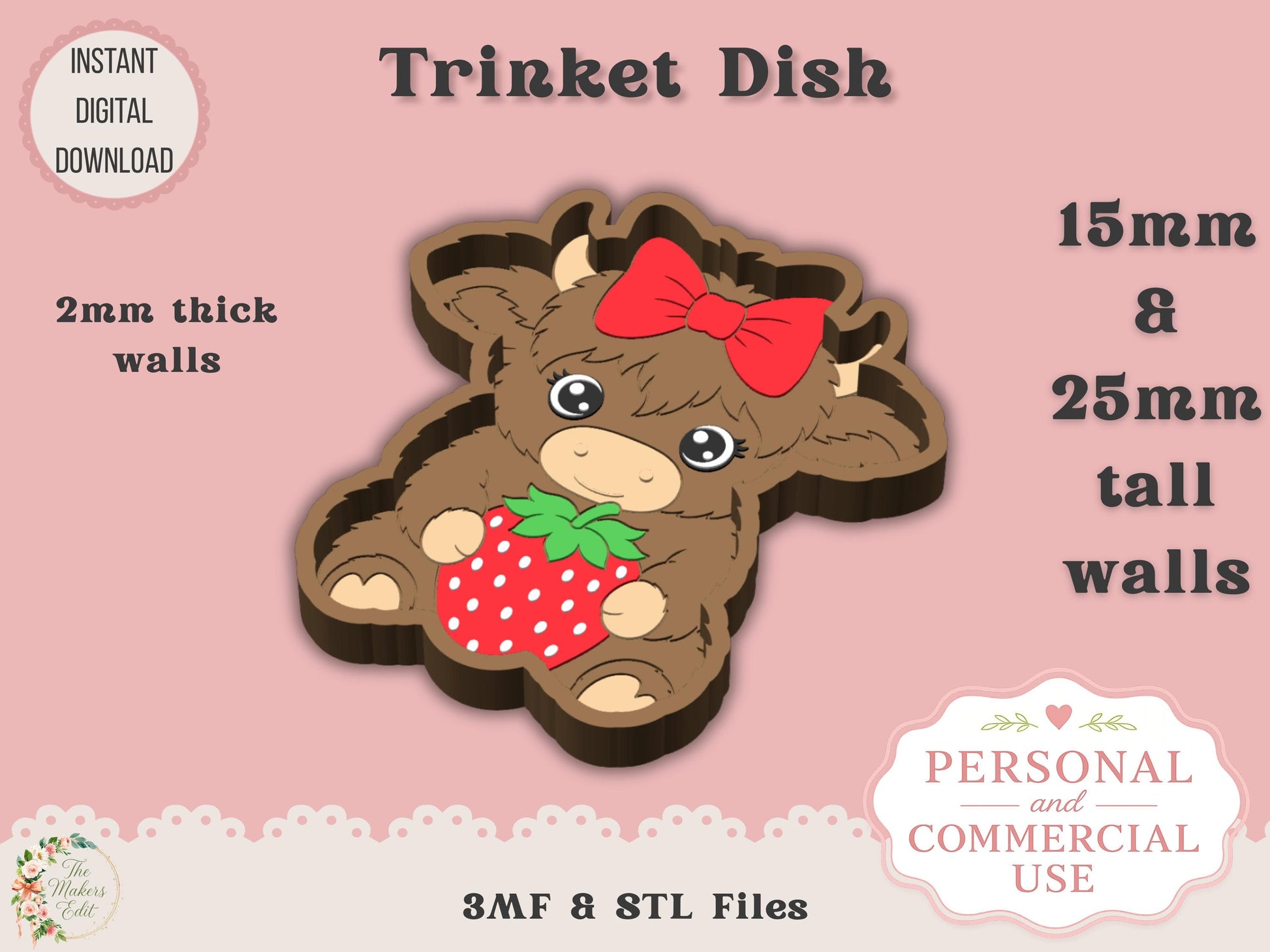 Trinket Dish 3D Printer File | Highland Cow with Strawberry & Bow | STL 3MF | Commercial Use | Multi-Color 3MF | STL File