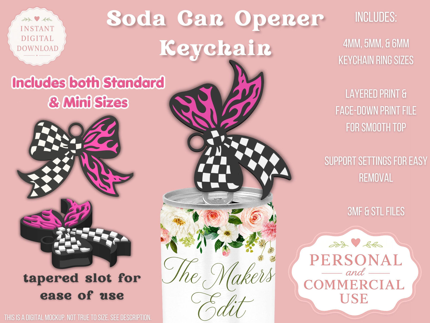 Soda Can Opener 3D Printer File | Race Girl Coquette Bow STL 3MF | Commercial Use | Nail Saver Keychain
