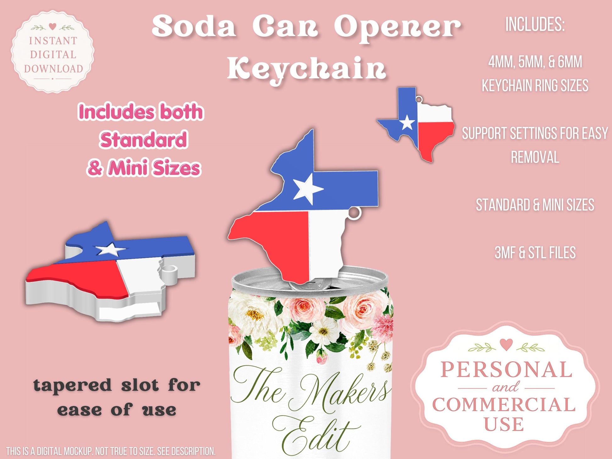 Soda Can Tab Opener Keychain 3D Printer File | Texas Shape State Flag STL 3MF | Commercial Use | Nail Saver Keychain