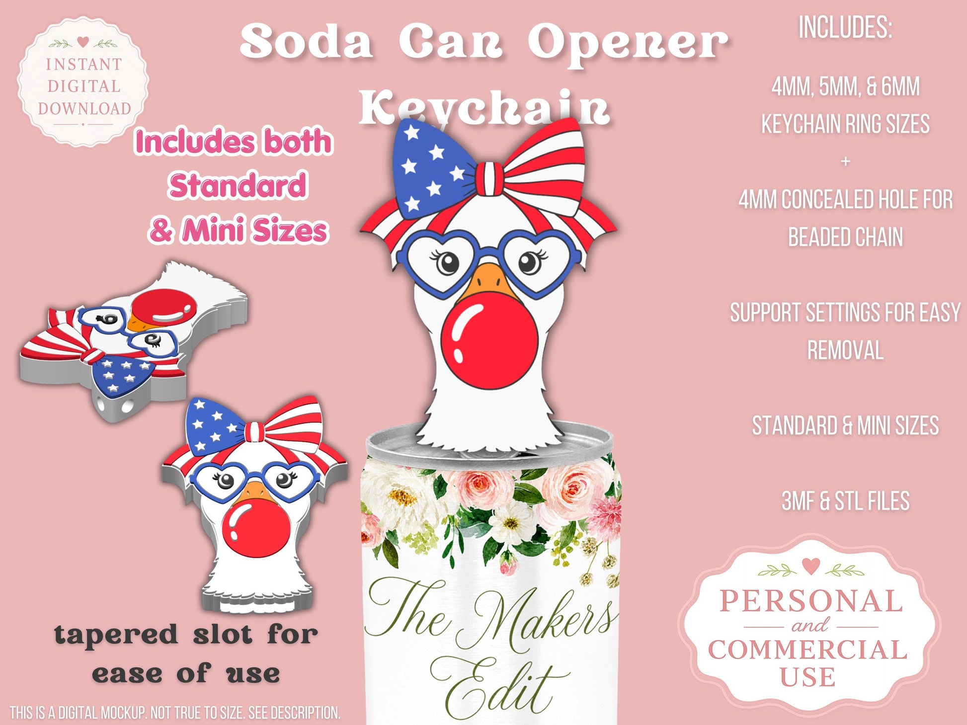 Soda Can Tab Opener Keychain 3D Printer File | Goose Patriotic Coquette Bow Bubblegum STL 3MF | Commercial Use | Nail Saver Keychain