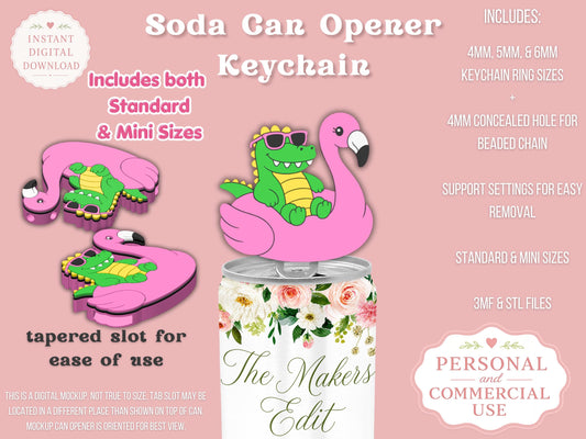Soda Can Tab Opener Keychain 3D Printer File | Alligator Flamingo Pool Float Coquette Bow STL 3MF | Commercial Use | Nail Saver Keychain