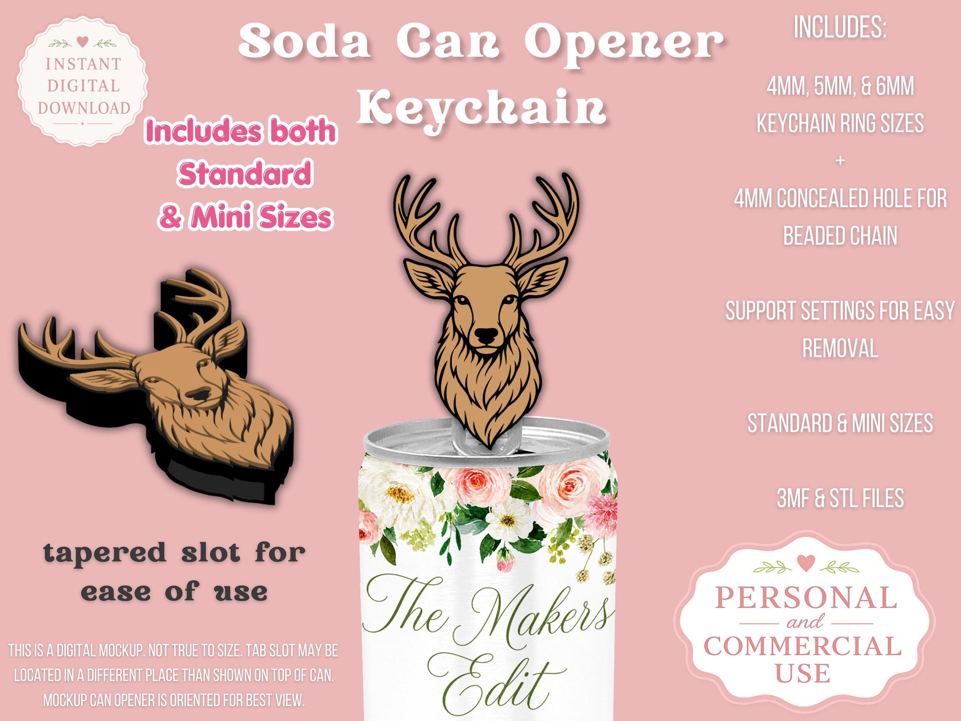Soda Can Tab Opener Keychain 3D Printer File | Deer Head STL 3MF | Commercial Use | Nail Saver Keychain