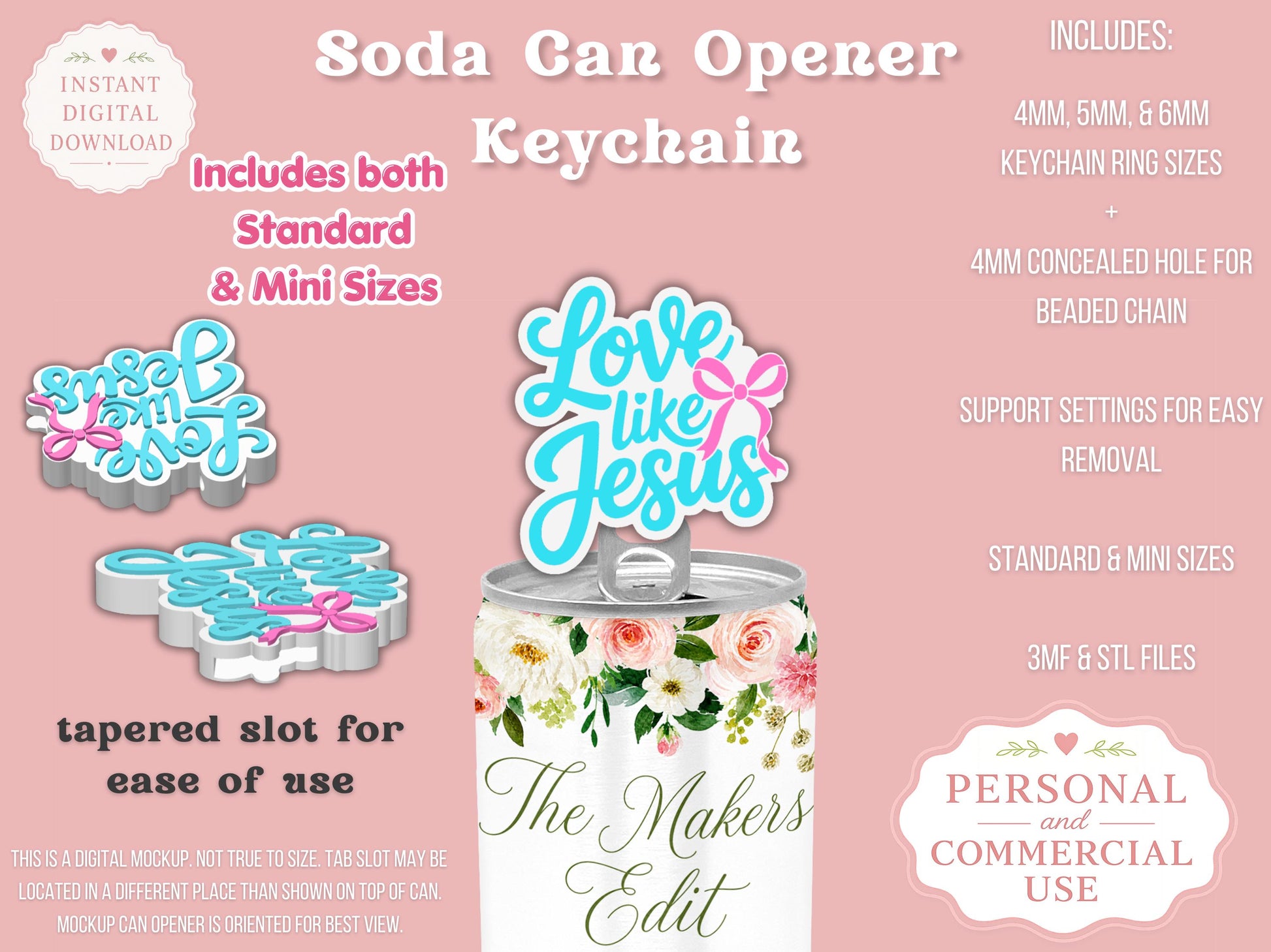 Soda Can Tab Opener Keychain 3D Printer File | Love Like Jesus STL 3MF | Commercial Use | Nail Saver Keychain