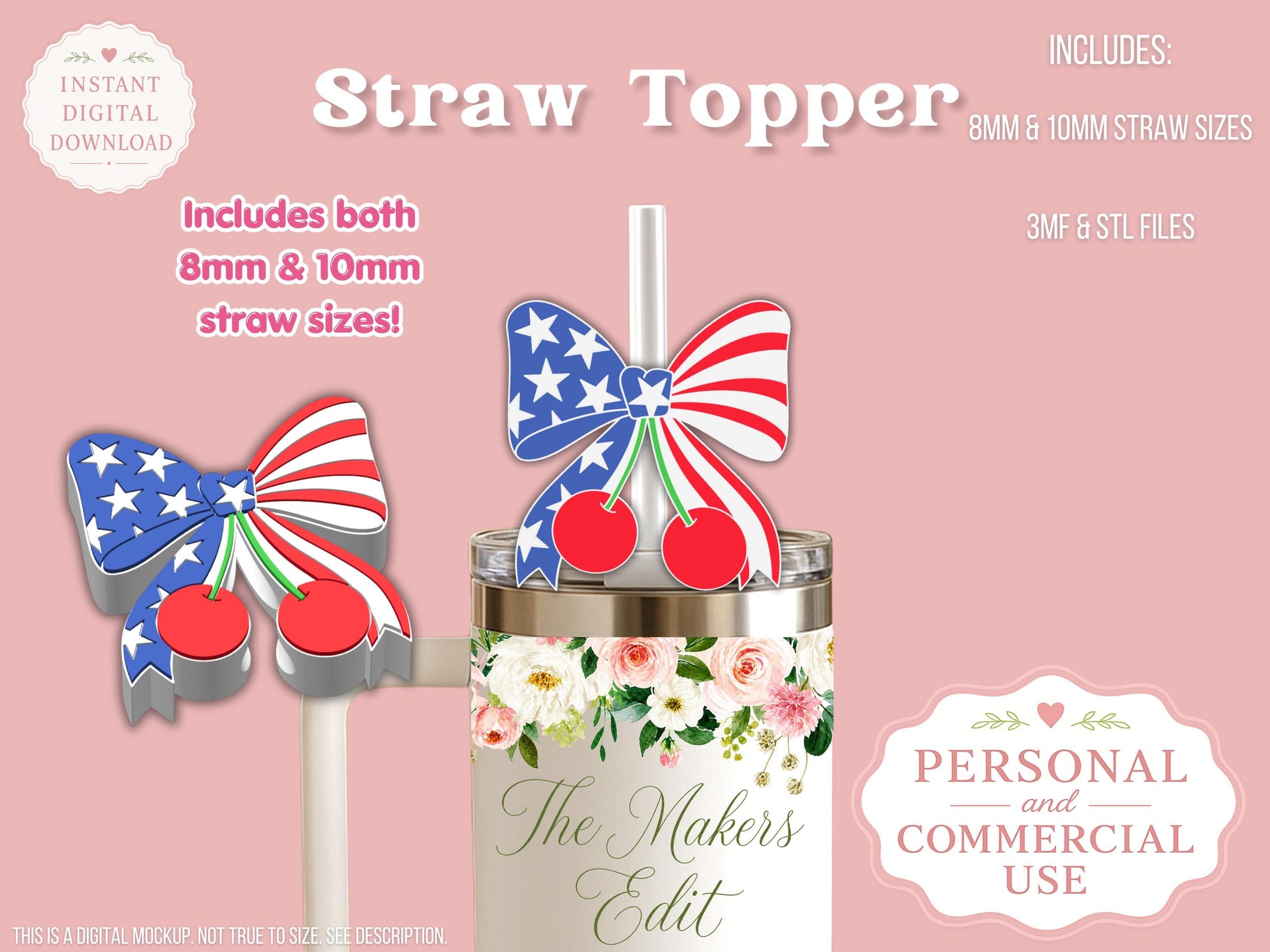 Straw Topper 3D Printer File | Independence Day Bow Cherries 3MF STL | Fits 10mm & 8mm Straws | Commercial Use | Tumbler Accessories