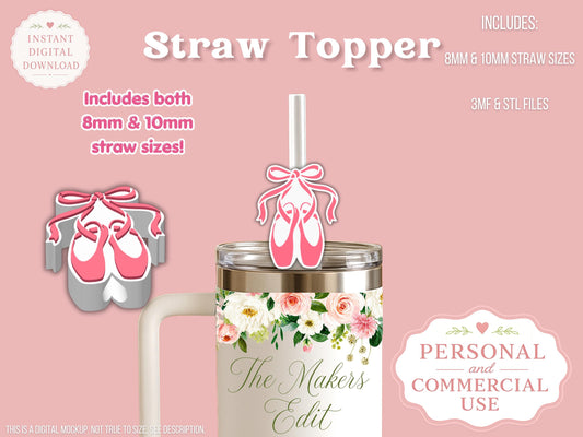 Straw Topper 3D Printer File | Ballet Shoes Dance STL 3MF | Fits 10mm & 8mm Straws | STL 3MF | Commercial Use | Tumbler Accessories