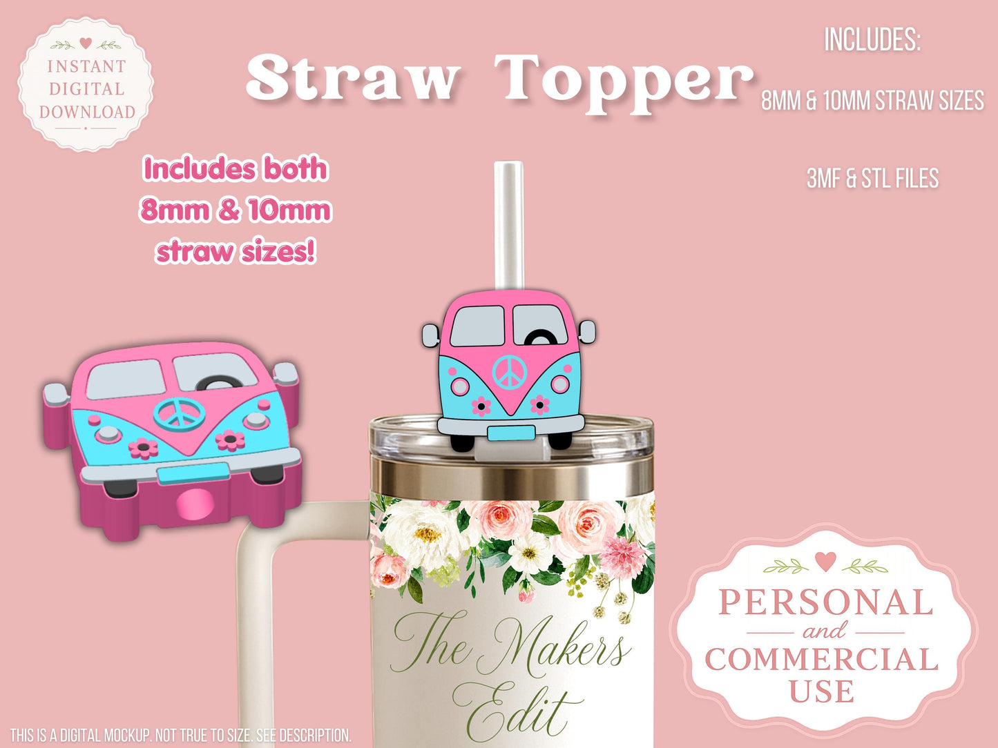 Straw Topper 3D Printer File | Groovy Van STL 3MF | Fits 10mm & 8mm Straws | STL 3MF | Commercial Use | Tumbler Accessories