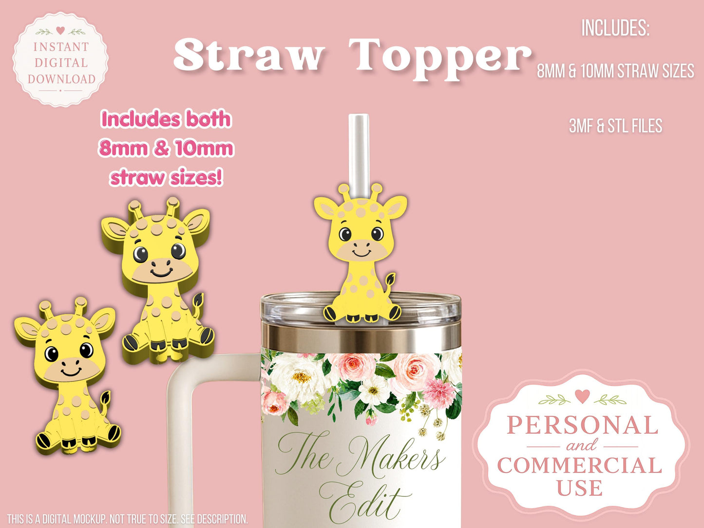 Straw Topper 3D Printer File | Cute Giraffe STL 3MF | Fits 10mm & 8mm Straws | STL 3MF | Commercial Use | Tumbler Accessories