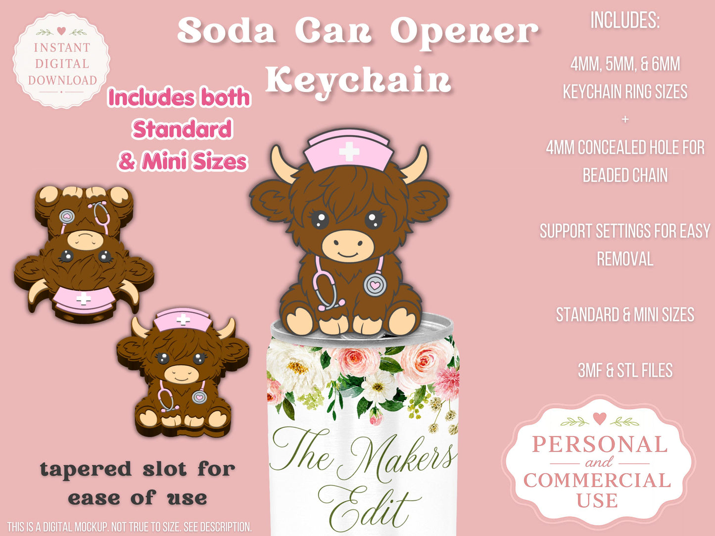 Soda Can Tab Opener 3D Printer File | Nurse Highland Cow STL 3MF | Commercial Use