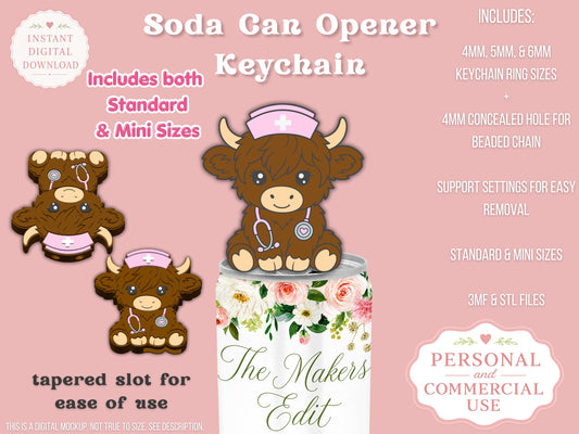 Soda Can Tab Opener 3D Printer File | Nurse Highland Cow STL 3MF | Commercial Use