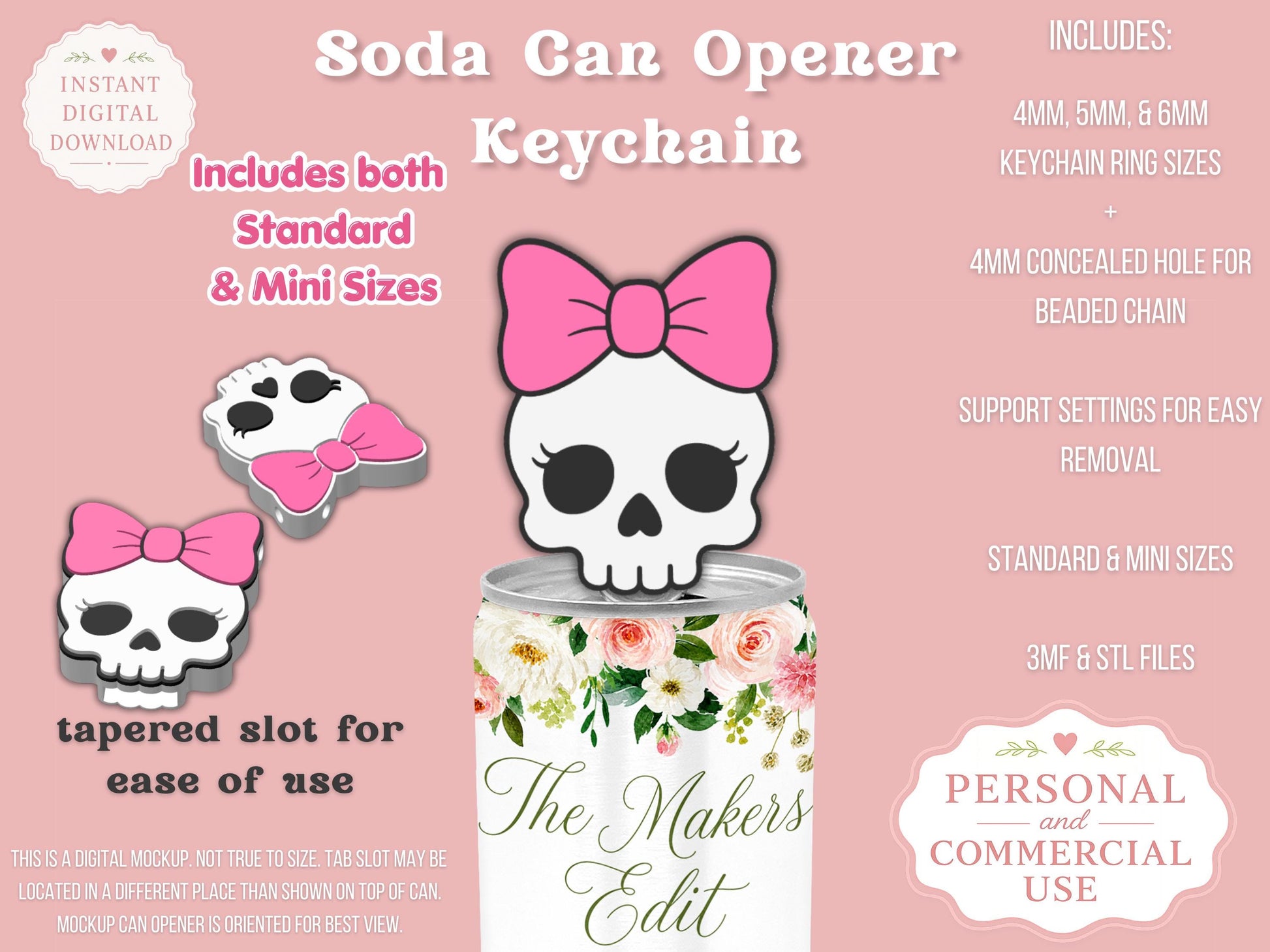 Soda Can Tab Opener Keychain 3D Printer File | Skeleton Coquette Bow STL 3MF | Commercial Use | Nail Saver Keychain
