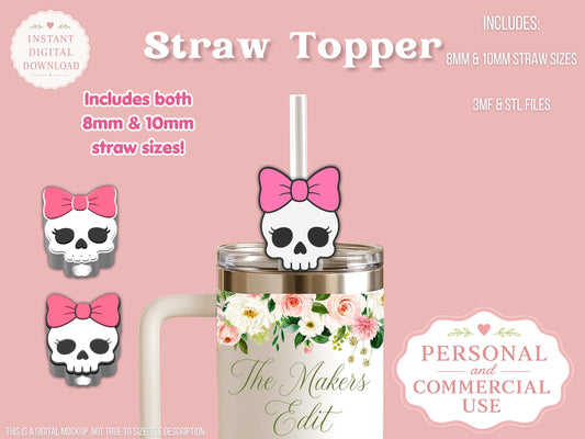 Straw Topper 3D Printer File | Skeleton Coquette Bow STL 3MF | Fits 10mm & 8mm Straws | STL 3MF | Commercial Use | Tumbler Accessories