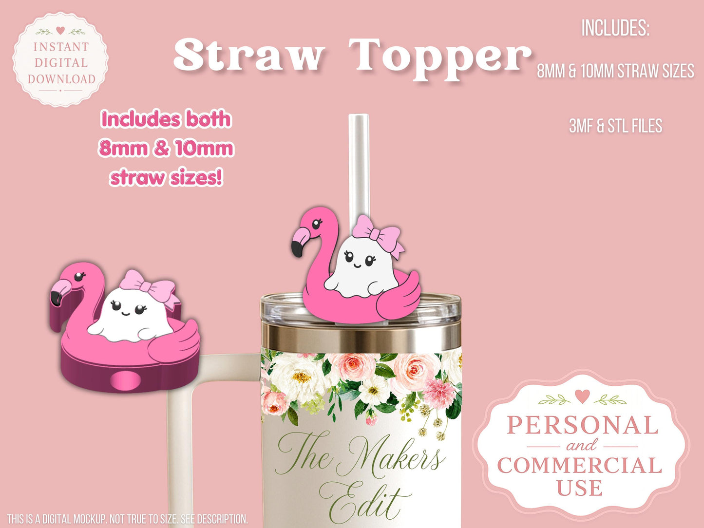 Straw Topper 3D Printer File | Ghost Flamingo Pool Float STL 3MF | Fits 10mm & 8mm Straws | STL 3MF | Commercial Use | Tumbler Accessories